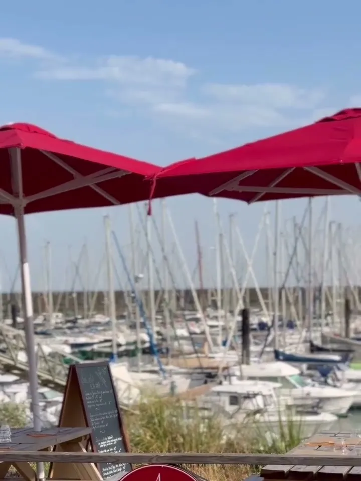 Parasols rouges de la terrasse et mâts des voiliers